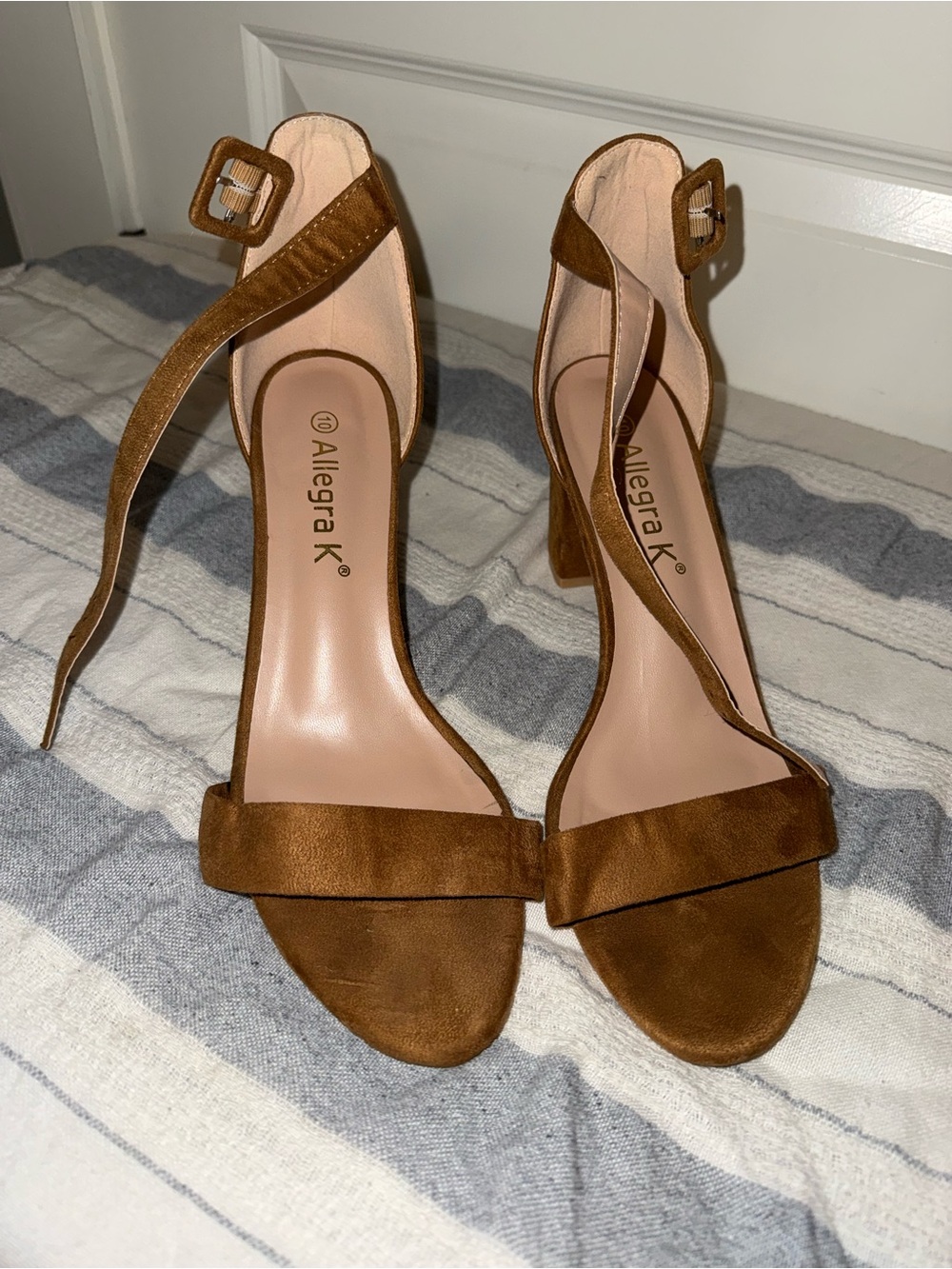 Allegra K Women’s Tan Suede Open-Toe Ankle-Strap Block Heels